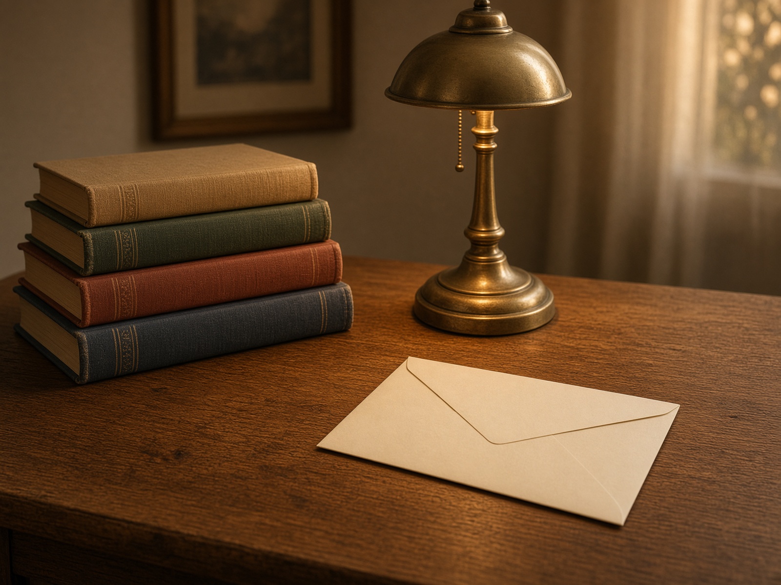 Study desk with clothbound books and a brass lamp in evening light