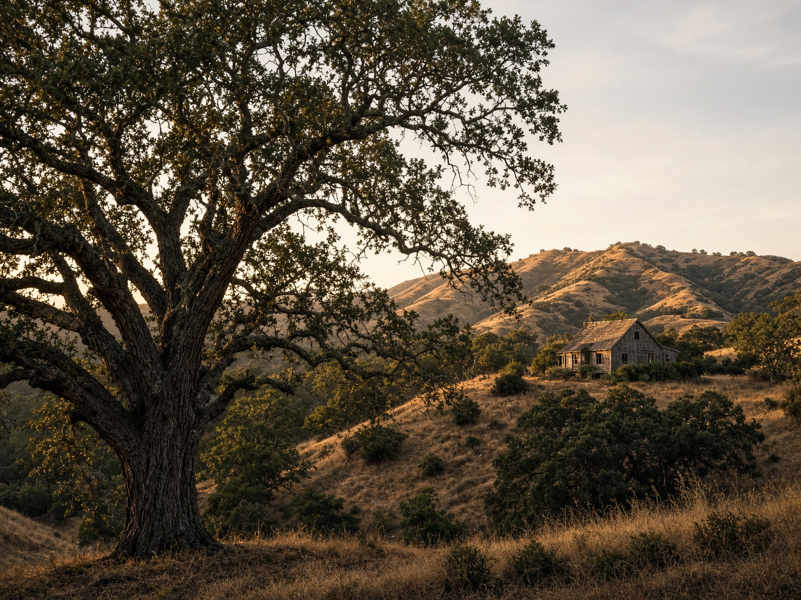A mature valley oak with a quiet shingled house in the distant hills
