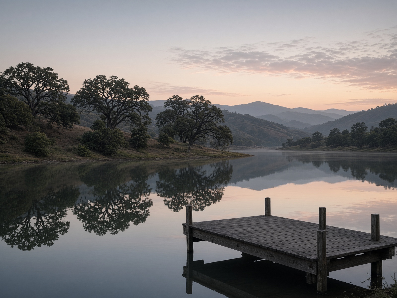 Still foothills reservoir at dusk with an empty wooden dock