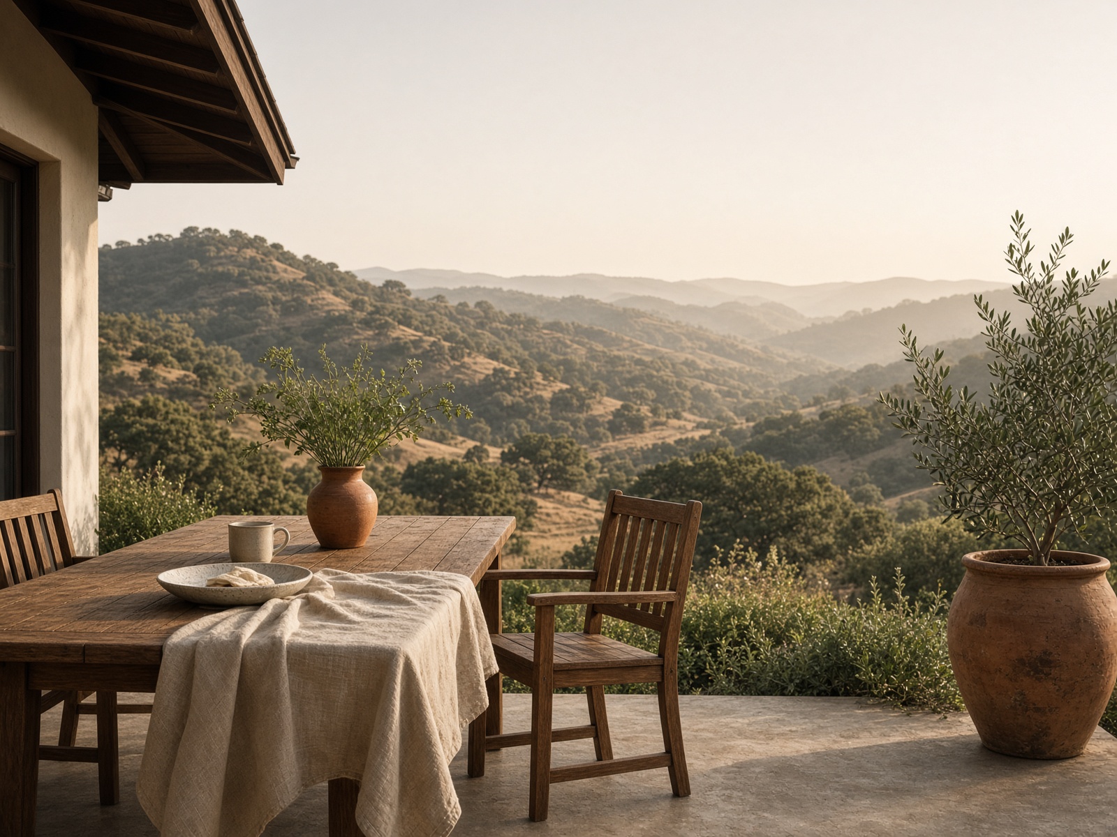 Morning terrace overlooking oak hills in the California foothills