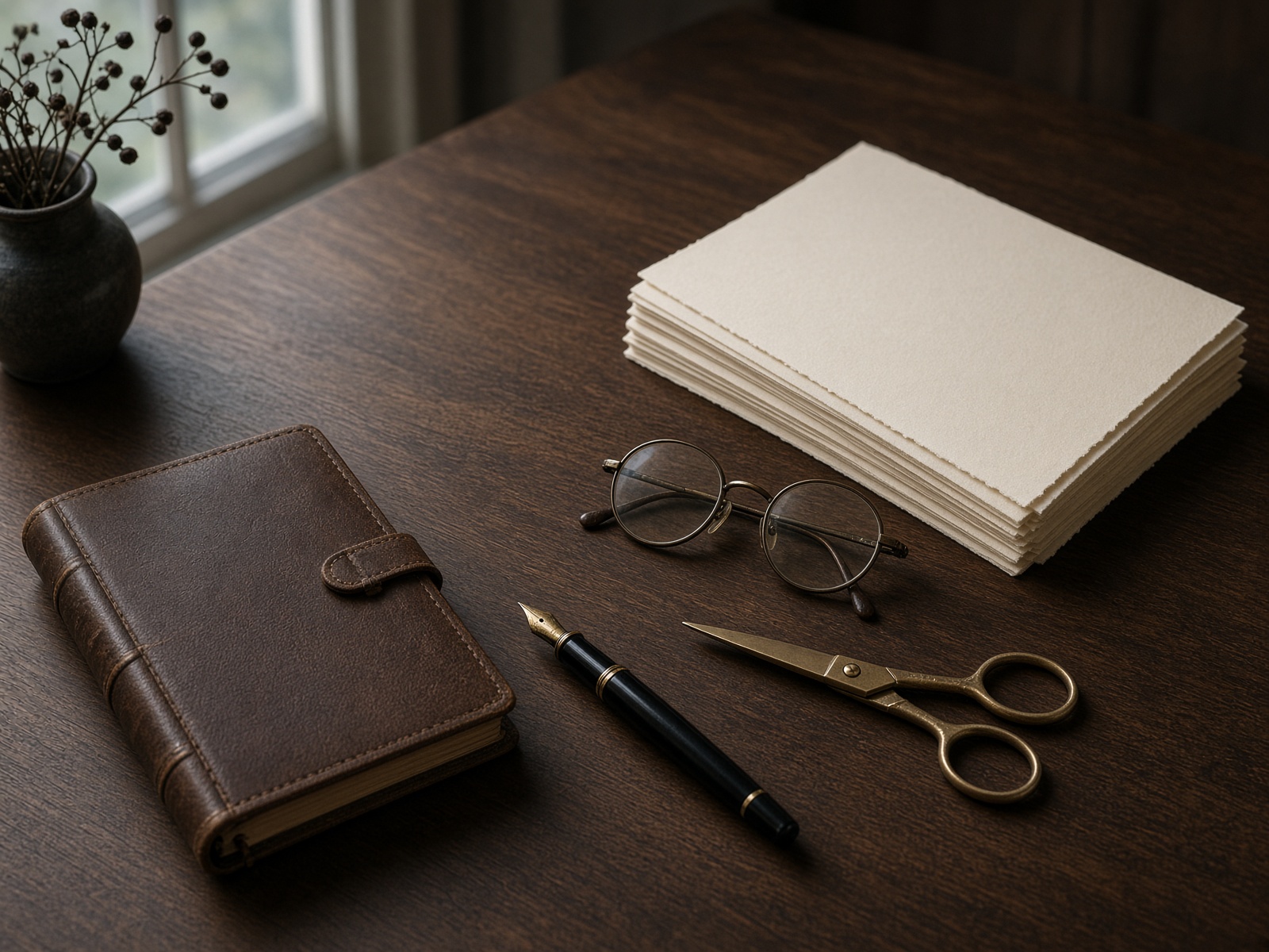 Walnut desk with a closed ledger, fountain pen, and cream paper